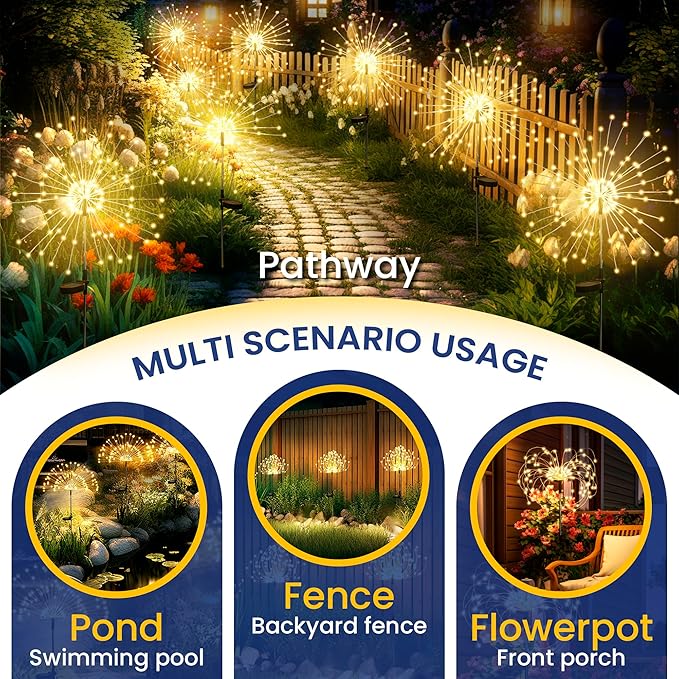 GIGALUMI Garden Decor Outdoor Lights 120LED 4Pack, Solar Garden Lights for Christmas Outside Fairy Firework Decorative,Solar Powered for Yard Pathway Flowerbed Planter Balcony Patio Decor (Warm White GIGALUMI