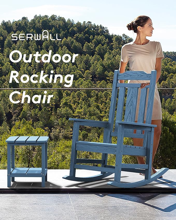 SERWALL Oversized Rocking Chair Outdoor, HDPE Outdoor Rocking Chair, Blue SERWALL