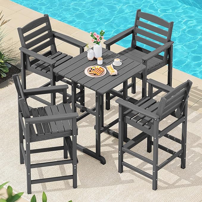 SERWALL 5 Pieces Outdoor Patio Bar Set, Tall Adirondack Bar Chair and Table Set, Gray SERWALL