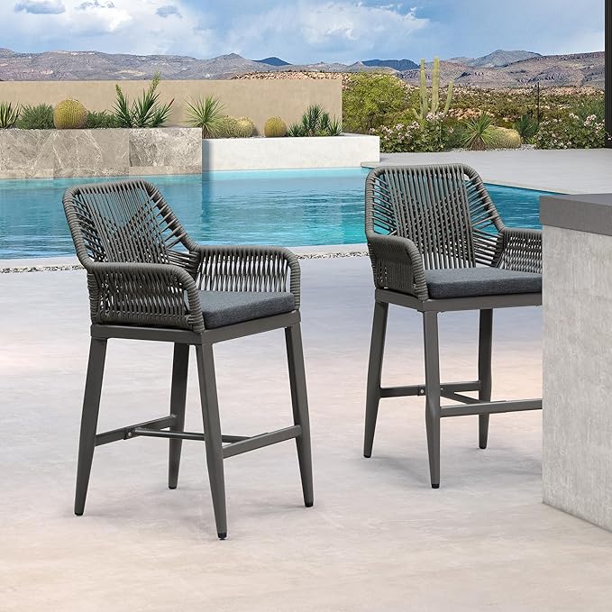 PURPLE LEAF Outdoor 24" Counter Height Bar Stools Chair Set of 2, All Weather Rattan and Aluminum Patio Bar Stool with Cushion for Indoor and Outdoor, Kitchen Island, Smoke Grey PURPLELEAF