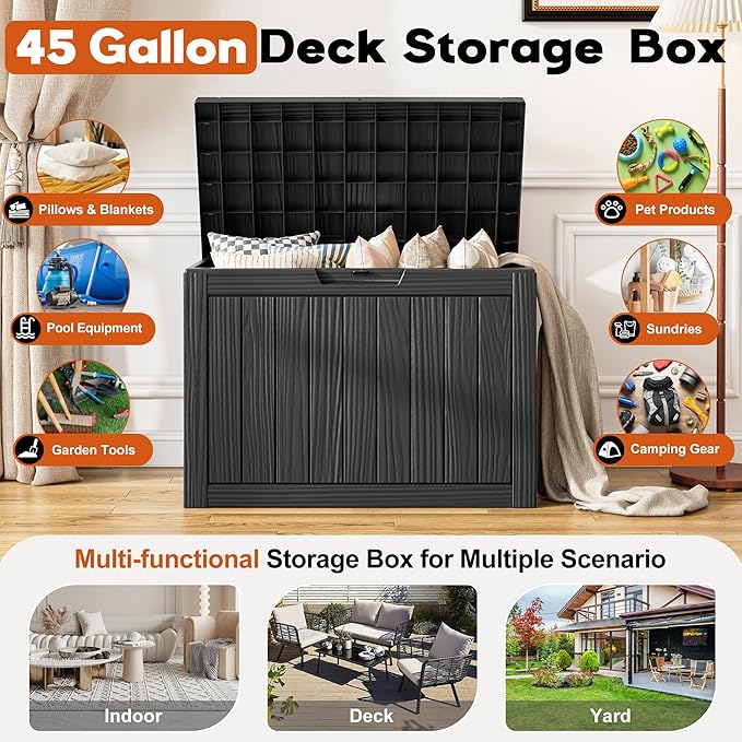 Outdoor Storage Box, Resin Deck Boxes Indoor and outdoor, Waterproof Storage Box Lockable Lid (Black, 45 Gallon) NBYSGO