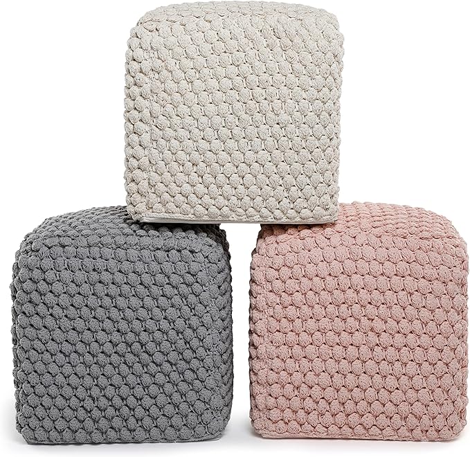 BIRDROCK HOME Buds Pouf Foot Stool Ottoman - Knit Bean Bag Floor Chair - Cotton Braided Cord - Great for The Living Room, Bedroom and Kids Room - Small Furniture (Grey - Buds) BIRDROCKHOME