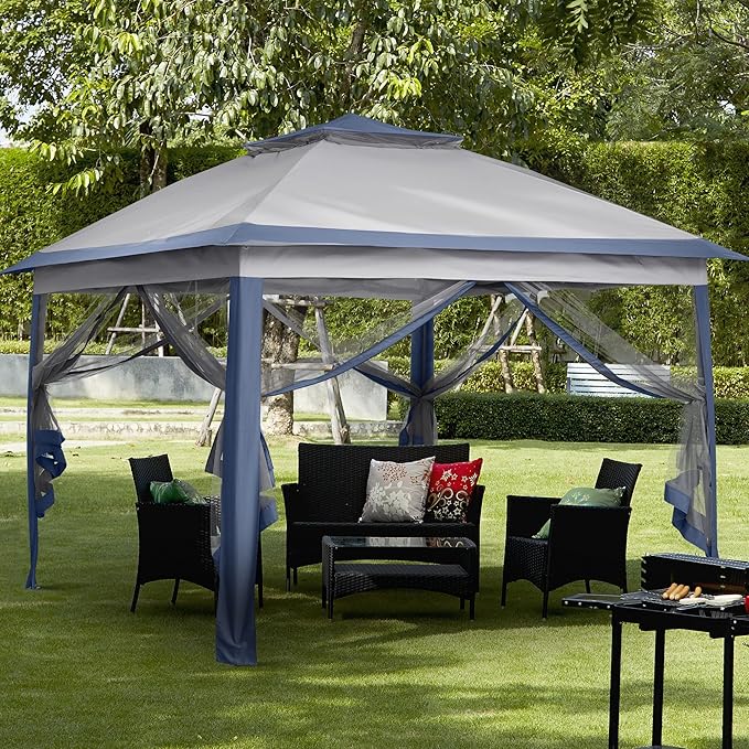 GDY 11x11 Pop Up Canopy Tent, Outdoor Canopy with Netting, Outdoor Gazebo for Backyard, Tent with Handbag, Blue. GDY
