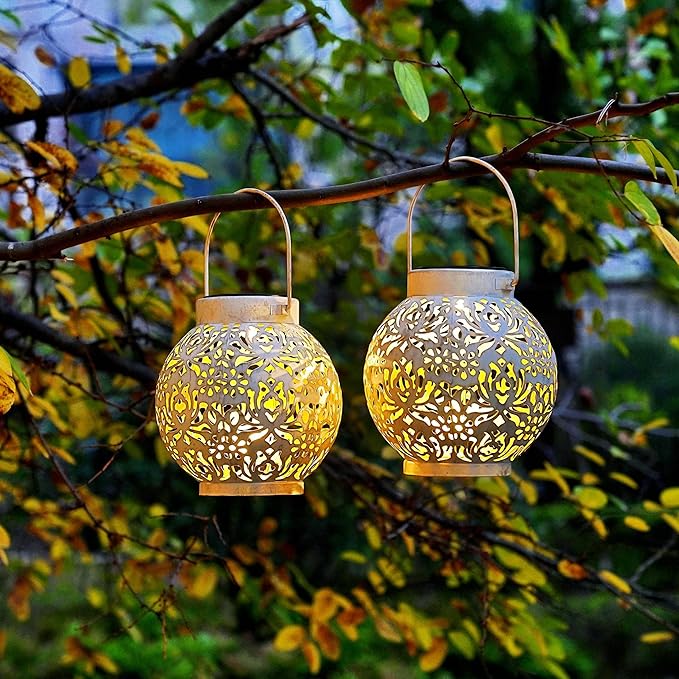 2 Pack Outdoor Solar Hanging Lantern Lights Metal LED Decorative Lamp for Garden Patio Courtyard Lawn and Table with Hollowed-Out Design (White) ExcMark