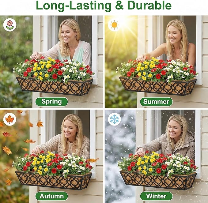 Y&M Flower Boxes for Deck Railings 24inch 4packs, Deck Railing Planter Boxes with Coir Liner Outdoor Railing Window Boxes Planters Hanging Planter Flower Box YM