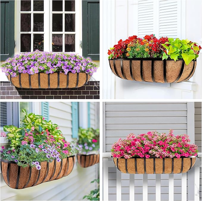 HFHOME 4 Pcs 24" Window Box Deck Railing Planter with Horse Trough Coco Liners, Black Metal Hanging Flower Planters Baskets for Indoor, Outdoor, Balcony, Porch, Fence, Patio, and Lawn HFHOME