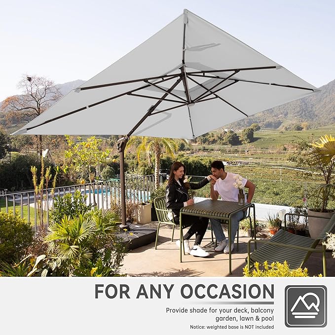 10 X 13 FT Cantilever Outdoor Patio Umbrella with Base Included Large Heavy Duty 360° Rotation Double Top Offset Rectangular Umbrellas with Led Lights for Backyard Outside Deck,Fog Grey MEVBC