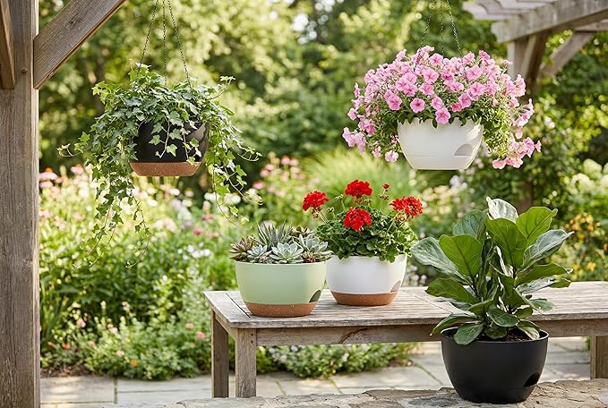 Hanging Planters 3-Pack, 8 Inch Self-Watering Hanging Pots with Drainage Hole and Chains, Plastic Planters for Indoor Outdoor（Black Brown） Rootora