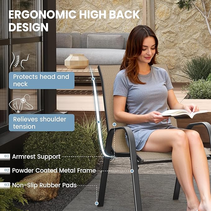 Patio Dining Chairs Set of 4, Outdoor High Stacking Chairs for All Weather, Breathable Seat Fabric and Alloy Steel Frame for Backyard, Porch, Garden (Brown) VonzoyHome