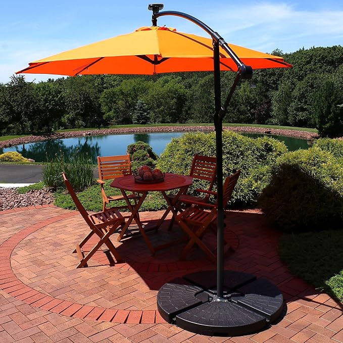 Sunnydaze 10' Solar Offset Patio Umbrella - Solar Cantilever Umbrella Outdoor with LED Lights - Polyester Shade, Air Vent, & Cross Base SunnydazeDecor
