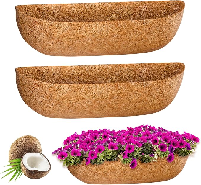 ZeeDix 24 Inch Trough Coconut Liners for Planters (2-Pack) - 100% Natural Coconut Coir Fiber Planter Liners Replacement for Window Boxes, Wall Baskets, Deck Flower Boxes, Garden Railing Fence Troughs ZeeDix