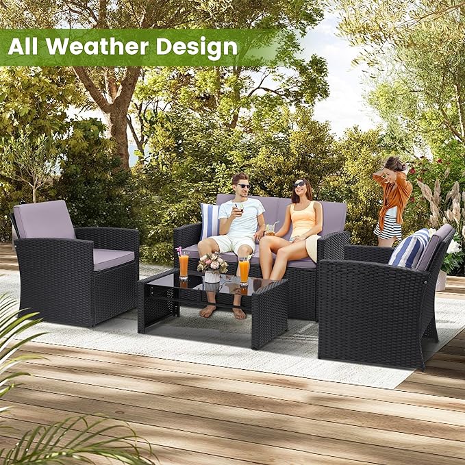 4-Piece Patio Furniture Set, Wicker Outdoor Rattan Sectional Sofa with Cushions and Glass Table, All-Weather Outdoor Conversation Set, Ideal for Garden, Porch, Backyard, Grey KROFEM