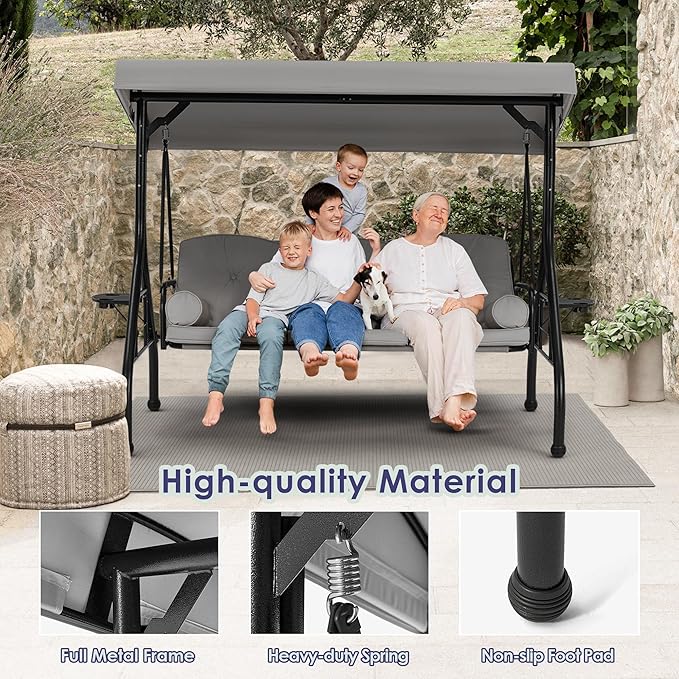 HOMREST 3 Seat Outdoor Porch Swing with 1.5" Deep Cup Holder, Adjustable Canopy,Patio Swing Bed with Stand, Patio Glider Swing with Thicken Cushions, Pillow（Grey） HOMREST
