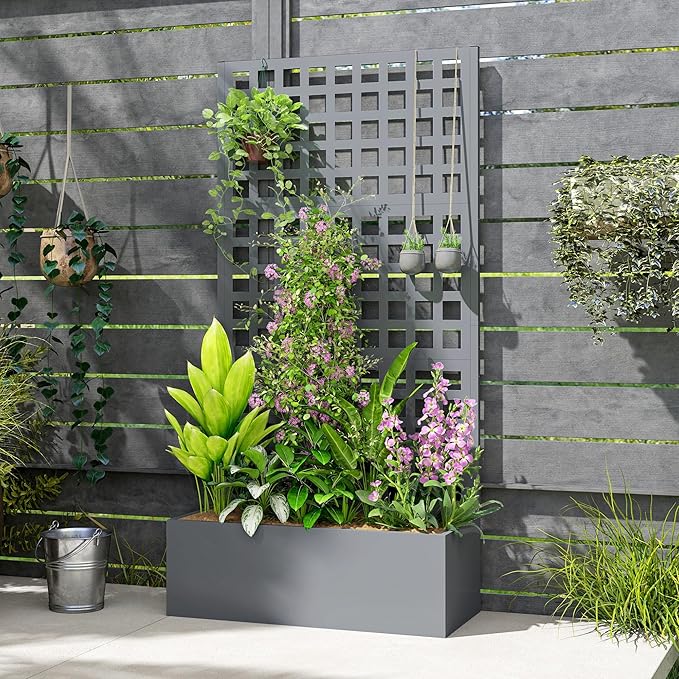Outsunny Galvanized Raised Garden Bed with Trellis, Metal Planter Box with Drainage Holes, Outdoor Privacy Screen for Climbing Plants, Vegetable, Vines, 35" x 16" x 70", Gray Wood Effect Outsunny