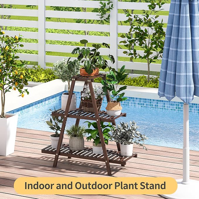 Plant Stand Indoor, Outdoor bamboo Plant Rack for Multiple Plants, 3 Tier 8 Potted Flower Holder Ladder,Plant Shelf Ladder Table Plant Pot Stand for Living Room, Patio, Balcony (Brown) Furshus