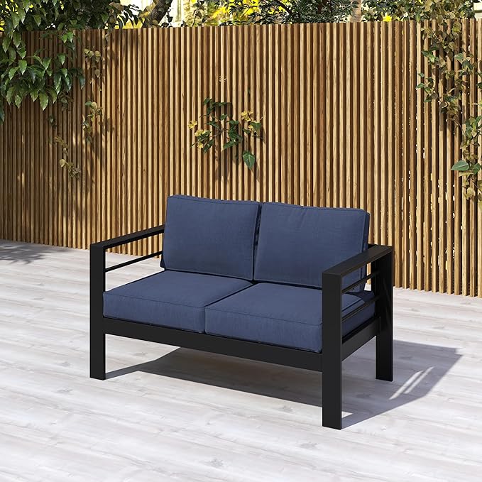Kiss the Water Outdoor Patio Furniture Loveseat Sofa, All-Weather Metal Aluminum Patio Couch with 5" Thick and Soft Cushion and Wide Arm, Outdoor Couch for Balcony, Porch, Backyard KisstheWaterPatioTool