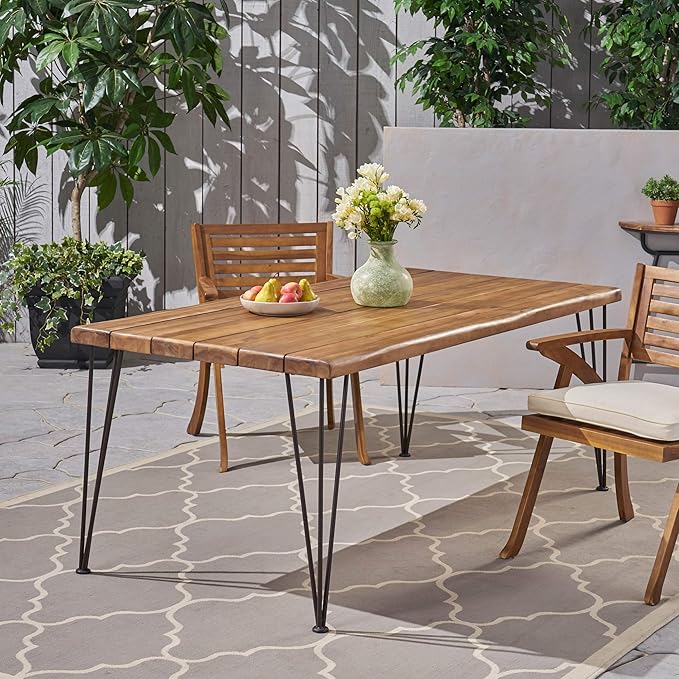 Christopher Knight Home Kama Patio Dining, Rectangular, 72", Acacia Wood Table Top, Rustic Iron Hairpin Legs, Teak Finish, Metal ChristopherKnightHome