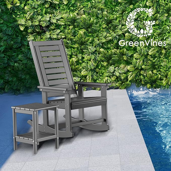 GREENVINES Outdoor Rocking Chairs | Set of 2 | Porch Rocker | HDPE Plastic | Grey | Oversized Rockers | High Back | Big & Tall | Ladder Back | for Patio Outside Backyard Balcony Garden GreenVines