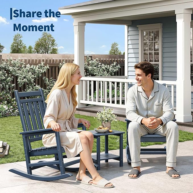 HDPE Rocking Chair Outdoor Set of 4 - Poly High Back Porch Rocker Chairs for Adults - All Weather Resistant Furniture for Patio Front Porch - Navy Blue Garvee