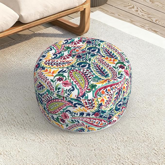LVTXIII Indoor/Outdoor Extra Large Inflatable Ottoman Pouf D31 x H14 Inch, Round Footstool with Handle, Weather-Resistant Portable Furniture for Patio, Camping, Beach, Vigour Paisley LVTXIII