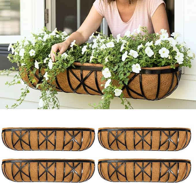 LaLaGreen 36 Inch, 4 Pack Window Boxes Planters – Large Black Metal Window Boxes for Outdoor Plant, Wall Mount Flower Pot with Coco Liner, Attach to House Fence Balcony Herb for Patio Porch Garden L%C3%A1L%C3%A1Green
