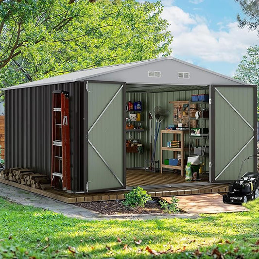 Devoko 10 x 10 FT Outdoor Storage Shed, Metal Garden Sheds & Outdoor Storage Clearance, Large Tool Shed Outdoor with Single Lockable Door for Patio Lawn Backyard (Gray) DEVOKO