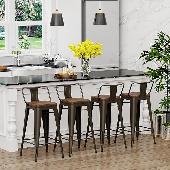 Yongchuang 24 inch Bar Stools Set of 4 Metal Counter Height Bar Stools with Wood Seat Kitchen Low Back Barstools Gunmetal YongchuangInternational