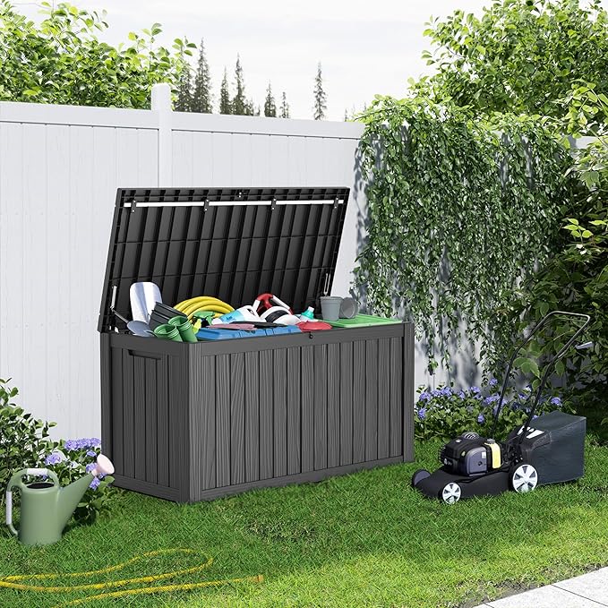 150 Gallon Resin Deck Box, Lockable Patio Outdoor Storage Box for Furniture, Garden Tools and Tools Storage, Waterproof Outside Storage Boxes - Black OutdoorLivingPerfected