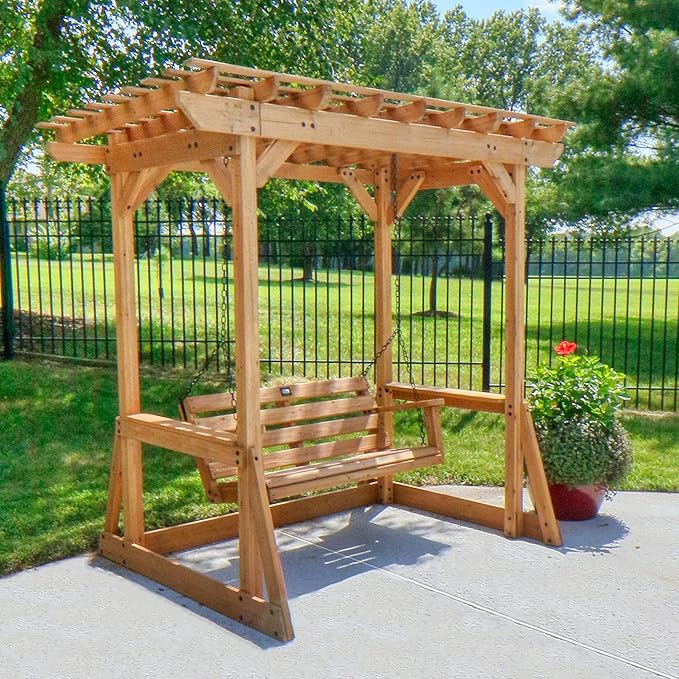 Backyard Discovery Callahan 8' x 5' Cedar Wood Outdoor Patio Pergola Swing Bench with Trellis, Two-Person Seating, Chains, Water Resistance, 600 Lb Weight Capacity for Porch, Patio, Deck, Garden BackyardDiscovery