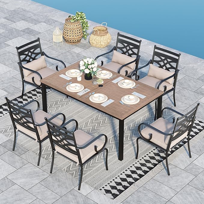 Sophia & William Outdoor Patio Dining Set for 6 | Outdoor Table and Chairs | Removable Seat Cushions | 64" Metal Tabletop with Wood Texture SophiaWilliam