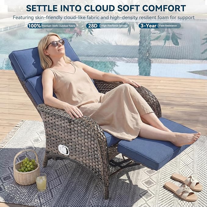 Zero Gravity Wicker Patio Recliner Chairs Set of 2 - Wicker Outdoor Lounge Chair with Adjustable Backrest & Footrest, All Weather Outdoor Reclining Chairs with Thick Cushion for Pool Deck Blue JelwalyPatioFurnitureSet