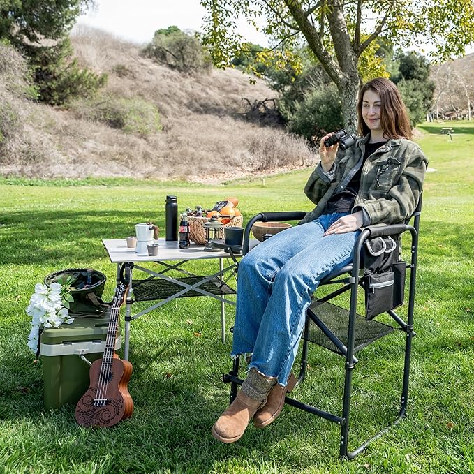 SUNNYFEEL Tall Camping Directors Chair, Portable Folding Artist Makeup Chair with Side Table, Pocket, Footrest, Heavy Duty for Beach,Trip,Picnic,Concert Outdoor Foldable Camp Lawn Chairs SunnyFeelCamping