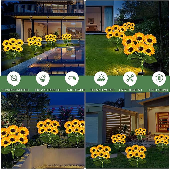 2 Pack with 12 Sunflower Solar Lights Outdoor Garden Decor,Solar Flowers Lights Waterproof,Sunflowers Gifts for Mom Women Grandma Birthday,Decorative Stakes Lights for Landscape Yard Patio Lawn EDOF