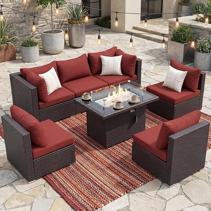 NICESOUL 7 Piece Modular Outdoor Furniture Set with Firepit Natural Gas&Propane, 29.3'' High Back L-Shaped 6-Seater Patio Wicker Sectional Sofa Couch Sets for Tall People, Brown Rattan and Red Cushion NICESOUL