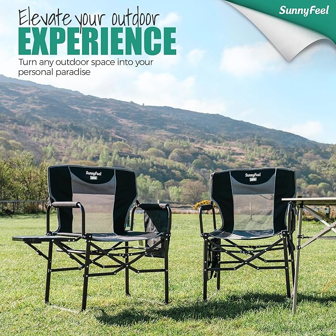SUNNYFEEL Oversized Camping Directors Chair 500 LBS Heavy Duty, Portable Folding Chair with Side Table, Pocket for Beach, Fishing,Trip,Picnic,Lawn,Concert Outdoor Foldable Camp Chairs SunnyFeelCamping