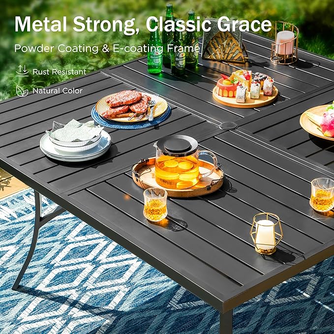 PHI VILLA Large Outdoor Square Dining Table for 8, 60" Metal Steel Slat Table with Umbrella Hole, Weather-Resistant Dining Fruniture for Patio, Deck, Backyard, Porch - Black PHIVILLAThepioneerofcomfortablehouseholdsupplies