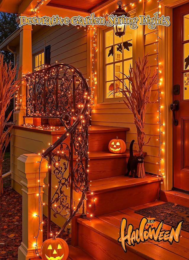 Brightown 4 Pack Solar Halloween Lights, Total 184FT 480 LED Solar String Lights Outdoor Waterproof Black Wire with 8 Modes, Solar Fairy Light for Garden Yard Patio Party Decors, Orange Brightown