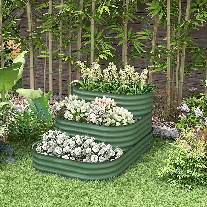 Outsunny 3-Tier Galvanized Steel Raised Garden Bed Kit, 62.25" x 43" x 32.25", 3 Combining Planter Boxes with Rubber Strip Edging, Open Bottom for Backyard, Garden, Patio, Green Outsunny