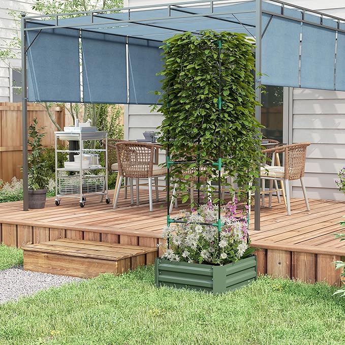 Outsunny Galvanized Raised Garden Bed, 73.5" Tall Outdoor Planter Box with Trellis Tomato Cage and Open Bottom for Climbing Vines, Vegetables, Flowers in Backyard, Garden, Patio, Green Outsunny