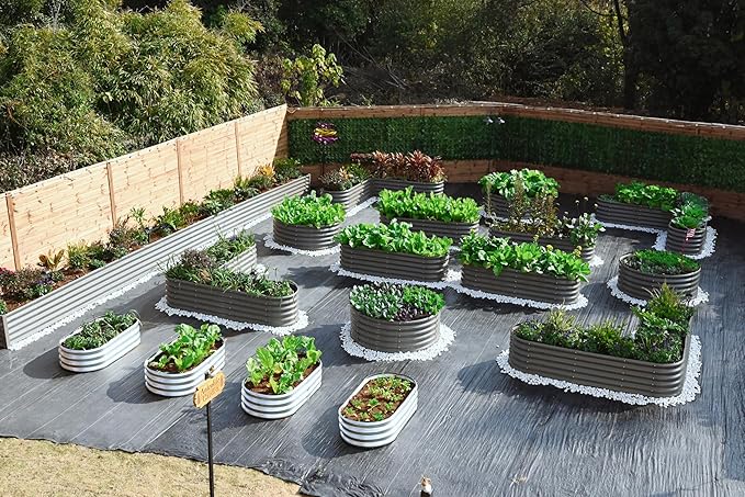 A ANLEOLIFE 12-Pack Galvanized Raised Garden Beds Outdoor, 18" Deep Modular Metal Planter Box Kit, Whole Backyard Farm Garden System with Oval Heart & Round Beds for Vegetable & Flowers, Quartz Grey AAnleolife