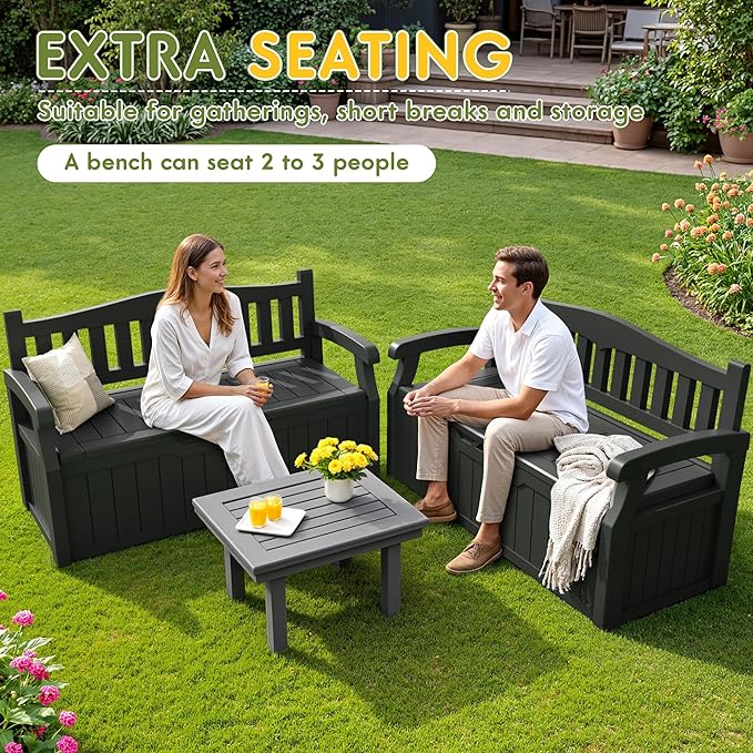 Greesum 80 Gallon Deck Box Storage Bench, Patio Furniture, Lockable, Waterproof and UV Resistant,with Armrest, Suitable for Garden, Porch, Poolside, Dark Black BuynowfromGreesum