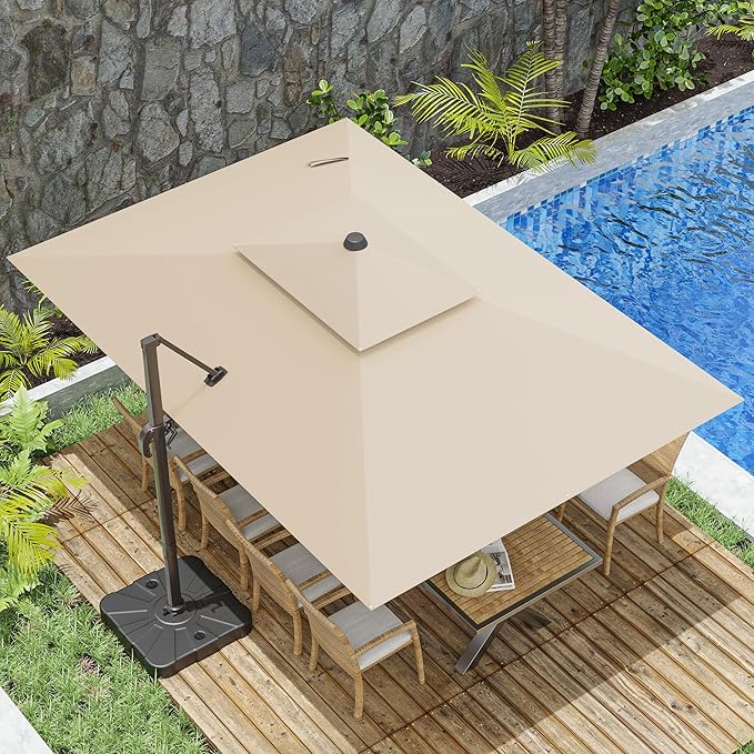 10x13FT Cantilever Outdoor Patio Umbrellas, Double Top Large Rectangle Umbrella, Heavy Duty 360° Rotation Offset Outdoor Sun Shade Umbrella for Garden Deck Pool Backyard Patio, Beige ZLACUIU