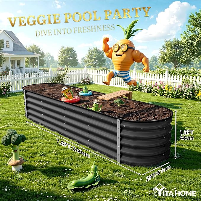 YITAHOME 17" Tall 9 in 1 Large Raised Garden Bed Kit, 8x2x1.4ft Galvanized Metal Planter Box with Gloves & Safety, Outdoor Above Ground Planters for Plants Vegetables Flowers, Black YITAHOME