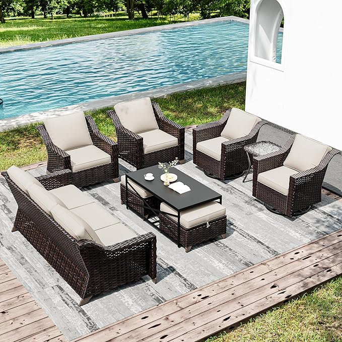 Joyside Wicker Patio Furniture Sets, 9 Pieces Upgraded Large Size Outdoor Furniture with Swivel Rocking Patio Chairs, Patio Dining Chair, 3-Seat Sofa, Outdoor Ottoman, Coffee Table, Thick Cushions Joyside
