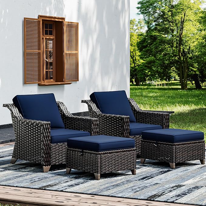 Joyside Wicker Patio Furniture Sets, 4 Pieces Upgraded Large Size Outdoor Furniture with Patio Dining Chairs and Outdoor Ottoman, Thick Cushions, Wide Armrest Joyside