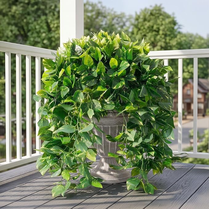 Faux Outdoor Plants Fake Hanging Plants for Outdoors Outside Decorations, 2 Pcs Green Faux Pothos Plant Vines Realistic UV Resistant Artificial Greenery for Planters Porch Garden Yard Front Door Patio Ivydale