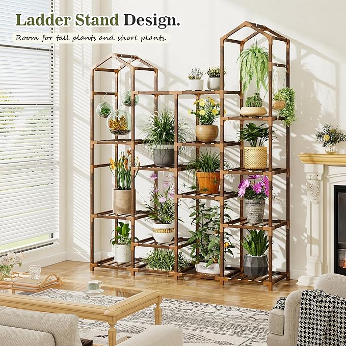 EnHomee Plant Stand Indoor Plant Stands Outdoor Tall Plant Shelf for 15-21 Pots Corner Tiered Plants Stands for Multiple Plants Wood Hanging Plants Holder for Garden Balcony Patio Window Porch EnHomee