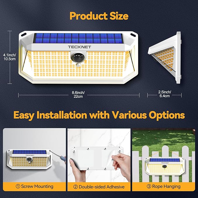 TECKNET 461 LED Solar Powered Outdoor Lights, 270° Angle & 3 Lighting Modes Motion Sensor Light Outdoor, Security Solar Lights Waterproof - 2 Pack, White Color & Warm Light Tecknet
