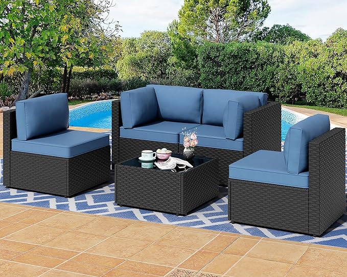 Shintenchi 5 Pieces Outdoor Patio Sectional Sofa Couch, PE Wicker Furniture Sets, Patio Conversation Sets with Washable Cushions Glass Coffee Table for Garden, Poolside, Backyard, Aegean Blue Shintenchi