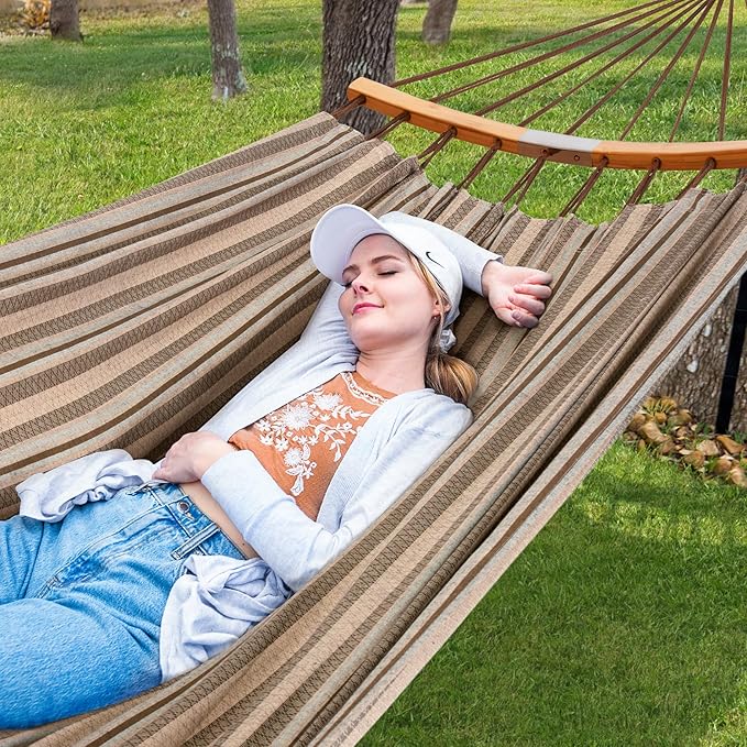 SUNCREAT Hammocks Double Hammock with Curved Spreader Bar, Outdoor Camping Portable Hammock with Carrying Bag & Tree Straps for Patio, Backyard, Balcony, Max 450lbs Capacity, Brown SUNCREAT